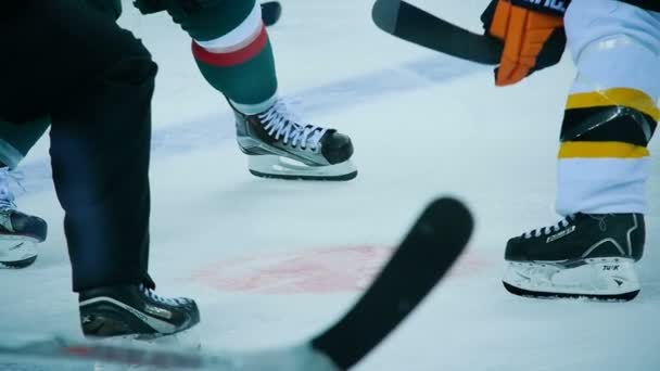 Slow motion face-off puck valt naar beneden tussen stokken en schaatsen — Stockvideo