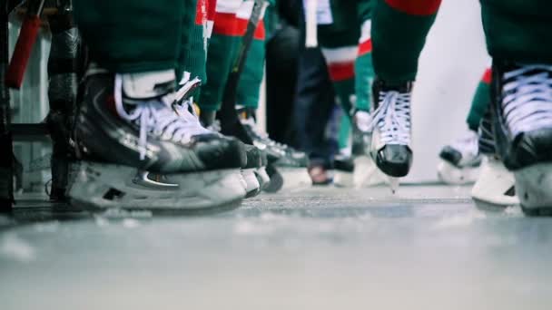Vista en cámara lenta bajo los pies de jugadores de banca en patines de hockey — Vídeo de stock