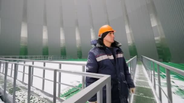 Employee looks at snow falling down through hole — Stock Video