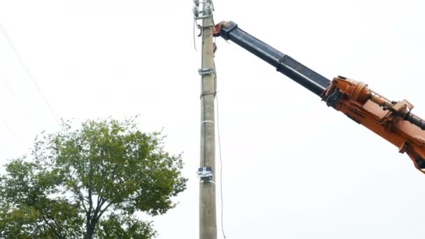 Workers control pole installation with autocrane under grey sky — Stock Video