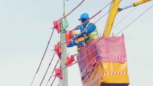 Electricistas en soporte de alambre de metal fijo de cuna en poste — Vídeo de stock