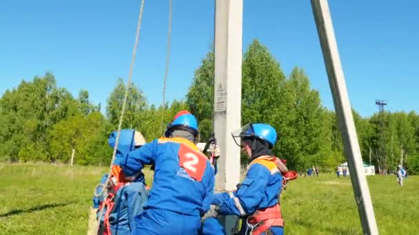 Рабочие спасают электричество жертвы манекена на столбе на траве — стоковое видео