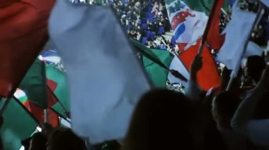 neşeli seyirci parlak renkli bayraklar gergin maçında dalga.