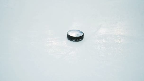 Closeup hokejový brankář přesune PUK holí na ledě arény