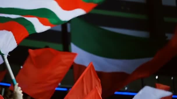 Närbild ljusa flaggor viftade av åskådare på moderna stadium — Stockvideo
