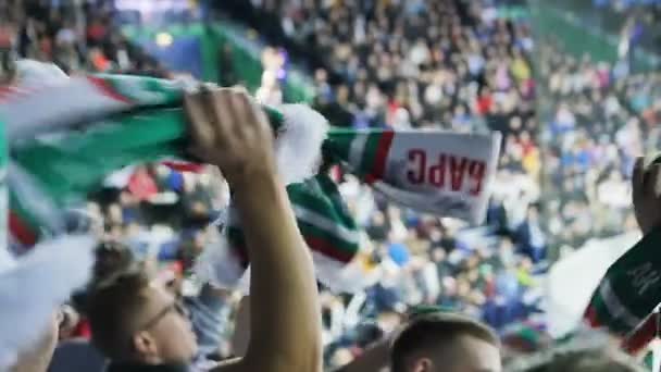 Любителі хокею емоційний перевернути навколо команди логотип шарф головок гра — стокове відео