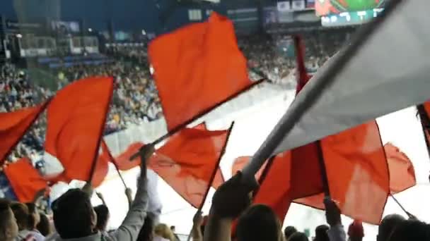 Zadní pohled hokej fanoušci mávají červené a bílé vlajky na hry — Stock video