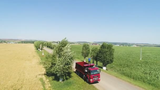 Tipper sopir truk berdiri di kabin dan gelombang tangan untuk bantuan — Stok Video