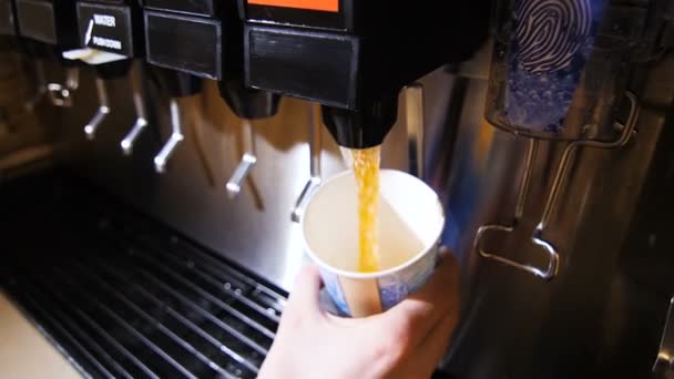 Stäng Visa aromatiskt te hälls i kopp från maskinen i café — Stockvideo