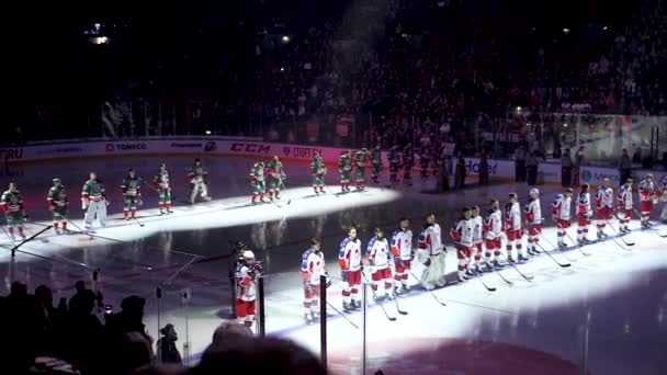 Hockey teams stand on modern arena before match beginning — Stock Video
