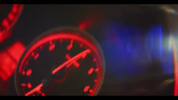 Speedometer with jumping arrow on dashboard close view — Stock Video