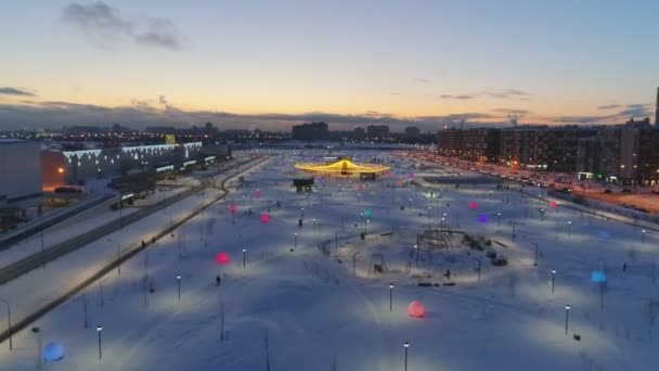 Park mit Lichtern und Weihnachtsbaum in der Winternacht Antenne — Stockvideo