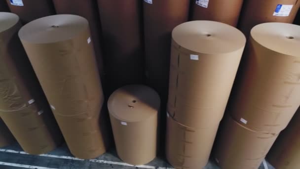 Beweging langs kartonnen rollen in papier plant Storehouse — Stockvideo
