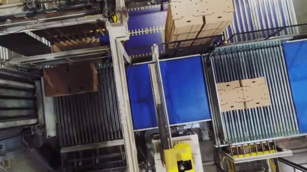 Movimiento sobre línea de producción automática con cartón marrón — Vídeo de stock