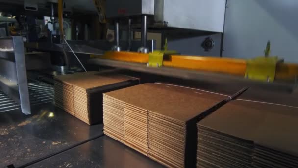 Production line ties folded cardboard with rope in shop — Stock Video