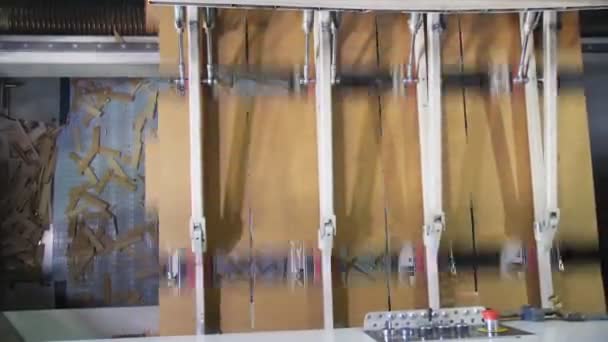 Cardboard sheets move through cutting machine upper view — Stock Video