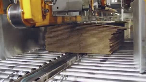 Production line forms and ties cardboard boxes piles in shop — Stock Video