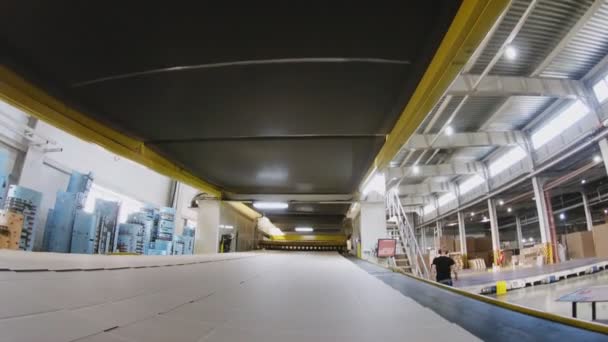 Beweging met kartonnen vellen op moderne transportband — Stockvideo