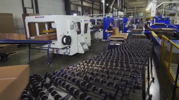 Karton papier dat per productielijn in de winkel wordt vervoerd — Stockvideo