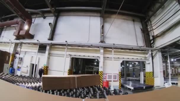 Mouvement avec boîtes en carton pliées le long de la ligne de production — Video