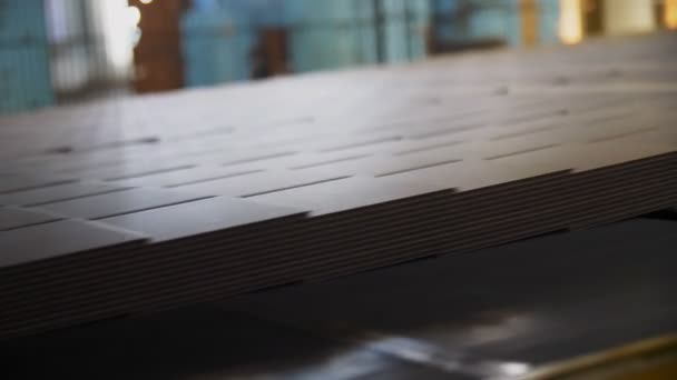 컨베이어 벨트는 작업장 클로즈업에서 골판지 종이를 운반합니다. — 비디오