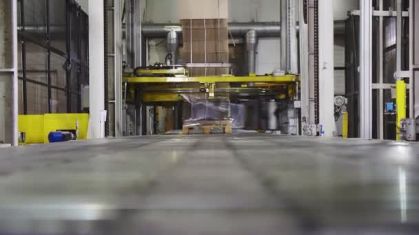 Draaimachine pakketten stapel kartonnen dozen in de fabriek — Stockvideo