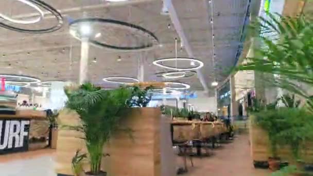 Движение мимо пищевых судов с горшком пальмы в торговом центре — стоковое видео