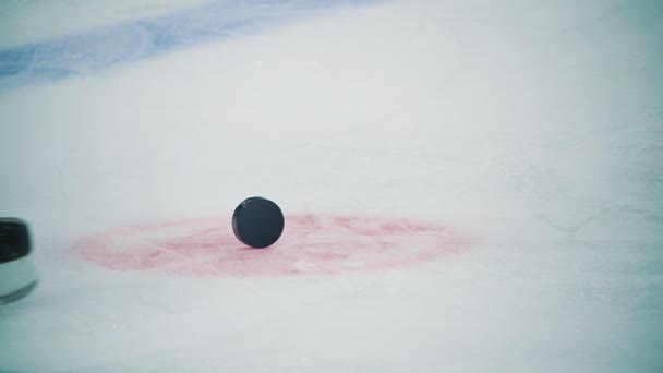 Judge takes off puck from ice arena close view slow motion — Stock Video
