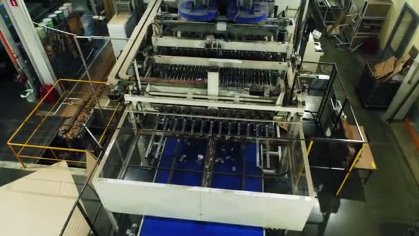 Machine with blue conveyor belt works at papermaking plant — Stock Video