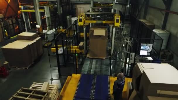 Nieuwe kartonnen papierstapel gewikkeld per machine in werkplaats — Stockvideo