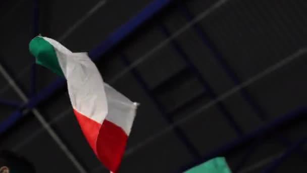 Яскраві прапори на полюсах, які махали фанатами спорту на хокейному матчі — стокове відео