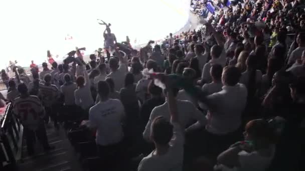 Fãs de esportes virar cachecóis com cores favoritas da equipe no estádio — Vídeo de Stock