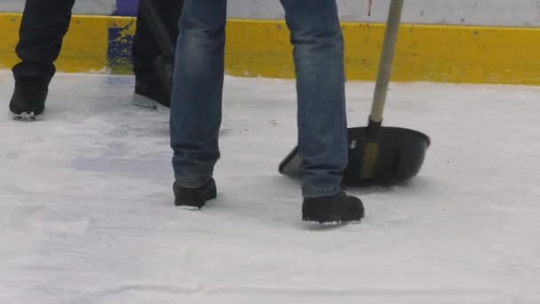 Arbeiter säubern mit Schaufeln Eisbahn für Eishockeyspiel im Stadion — Stockvideo