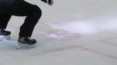 Hokey takımı oyuncuları buz arenasında puck ve yargıç için savaşır.
