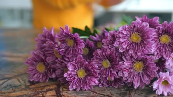 Floristería pone hermosas flores de crisantemo en la mesa — Vídeos de Stock