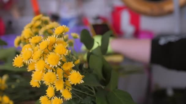 Florista ensambla ramo con flores amarillas y violetas — Vídeos de Stock