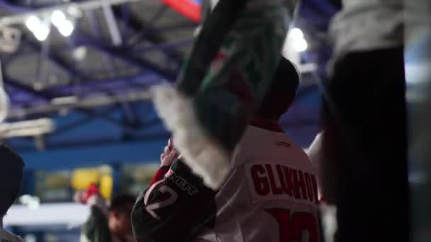 Dicke Frau in Eishockeymannschafts-Uniform klatscht im Stadion in die Hände — Stockvideo