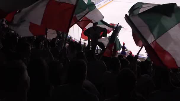 Fanáticos de los deportes ondean banderas de color brillante disfrutando del hockey juego — Vídeo de stock