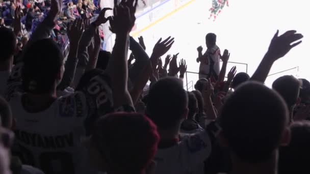 Силуети хокеїстів плескають один одному руки, щоб підтримувати гравців. — стокове відео