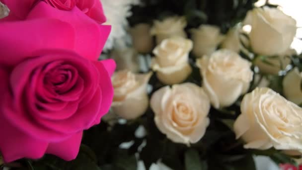 Wunderschöne aromatische rosa und weiße Rosenblüten in Vasen — Stockvideo
