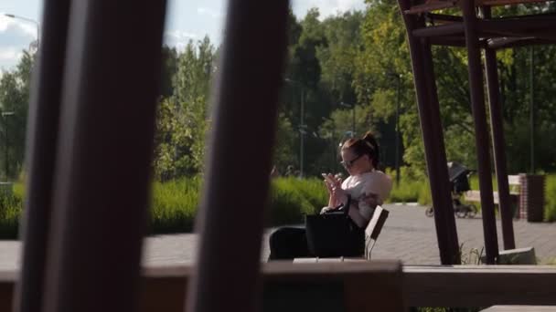 Femme surfe sur internet avec téléphone assis sur le banc dans le parc — Video