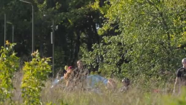 Mensen lopen langs spoor langs gazon met groen gras in park — Stockvideo