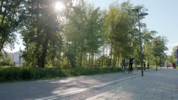 Радостная девушка и парень катаются на велосипедах вдоль парка в весенний день — стоковое видео