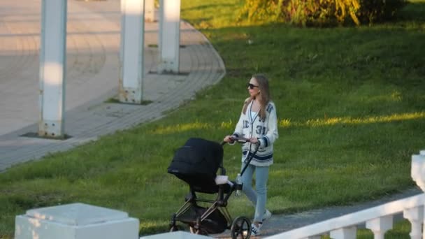 Woman with sunglasses carries baggy walking along green park — Stock Video