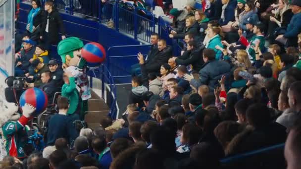 Hockey team mascots in costumes throw balls to spectators — Stock Video