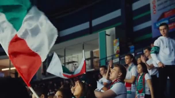 Szurkolók hullám színes zászlók üdvözlő hoki csapat stadionban — Stock videók