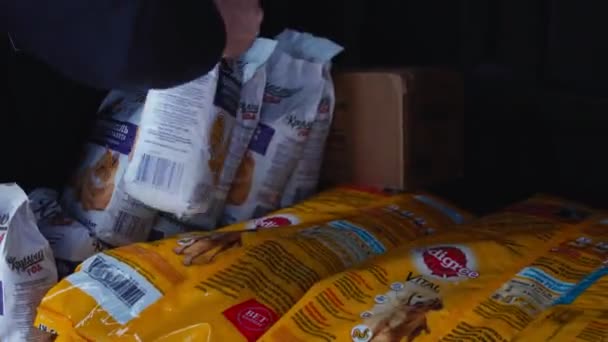 Man zet kat voedsel packs op goederen stapel in auto salon closeup — Stockvideo