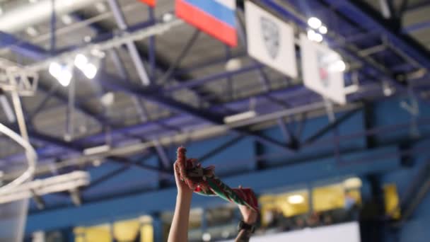 Болельщик поднимает шарф с логотипом хоккейной команды на стадионе — стоковое видео