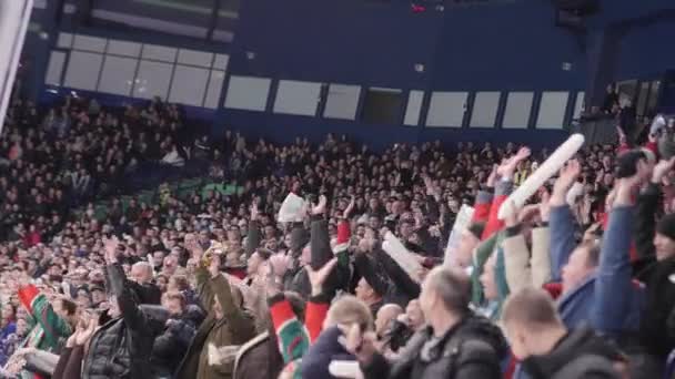 Люди поднимают волны, поддерживая хоккеистов на матче — стоковое видео