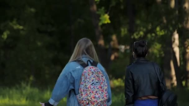 Filles avec des sacs à dos élégants marcher le long de la piste dans le parc vert — Video